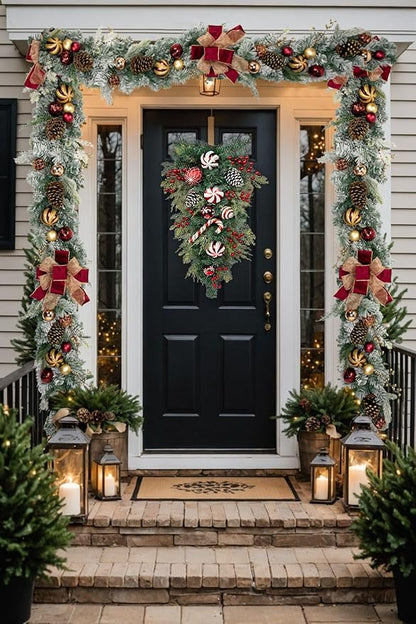 30" Christmas Teardrop Swag for Front Door Artificial Winter Swag Garland with Pine Cones, Berry Clusters, Red Ball Ornaments and Ribbons for Thanksgiving Holiday Christmas Decoration