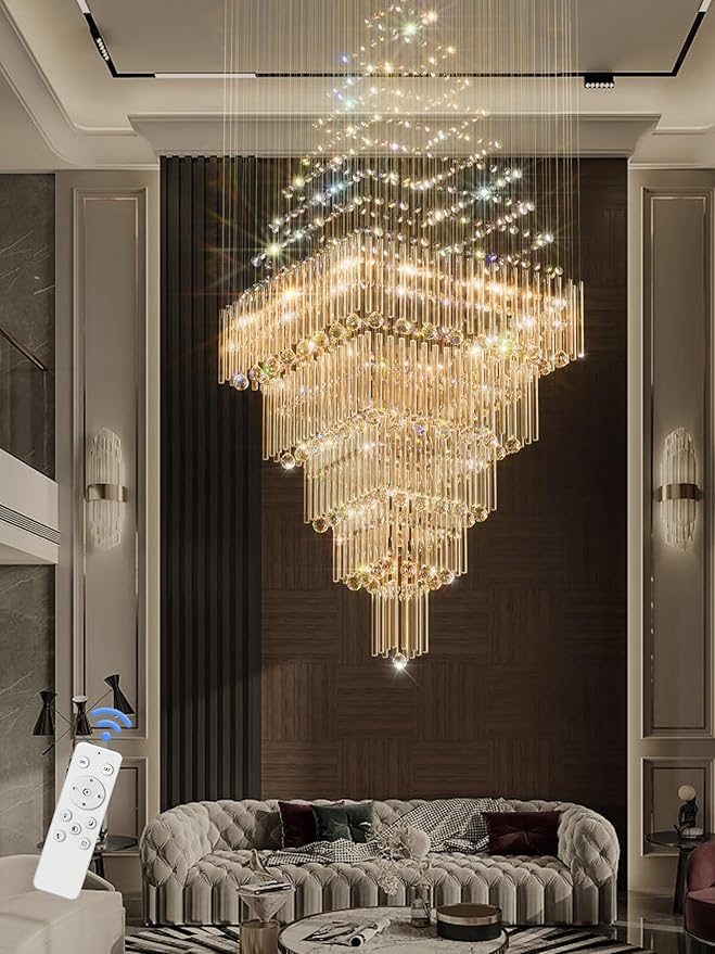 Flashing God D40''X H100'' Large Chandeliers for High Ceilings Crystal Raindrop Chandeliers 5 Tiers Chandelier Big Pendant Light Fixture for Living Room Entry Stairwell Staircase
