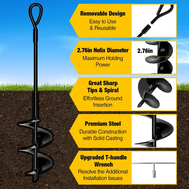 MIXC 18 Inch Heavy Duty Ground Anchors Screw in, 4 Pack Spiral Trampoline Stakes with Straps, Drill Adapter and Upgraded T-Wrench, 2.76'' Wider Blades for Swing Set, Shed, Carport, Mobile Home