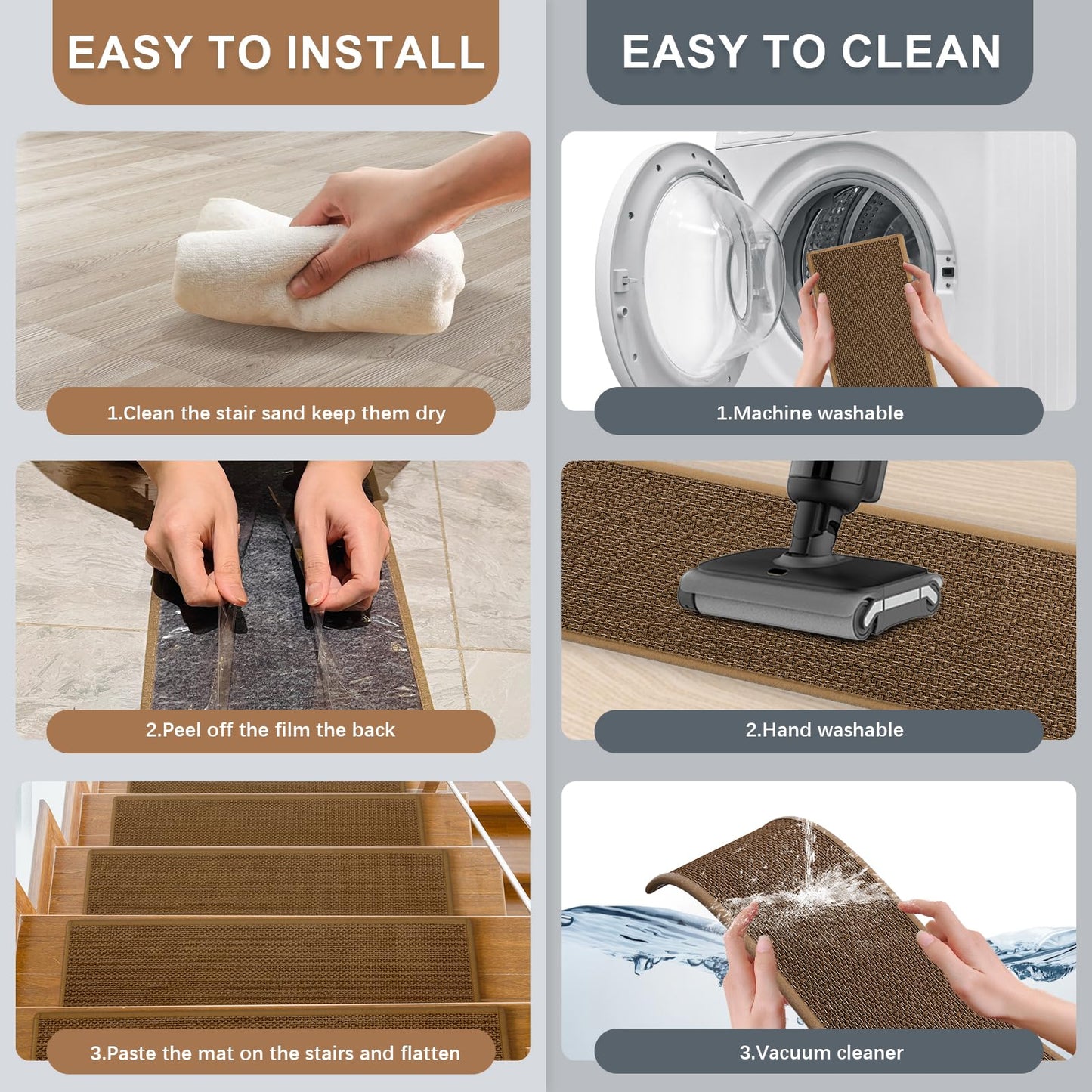 DOPLUSDO Non Slip Stair Treads for Wooden Steps, Stair Runners Indoor, 15 PCS 8" x 30" Natural Linen Carpet Stair Treads, Self-Adhesive Washable Backing for Kids Elders and Pets, Coffee
