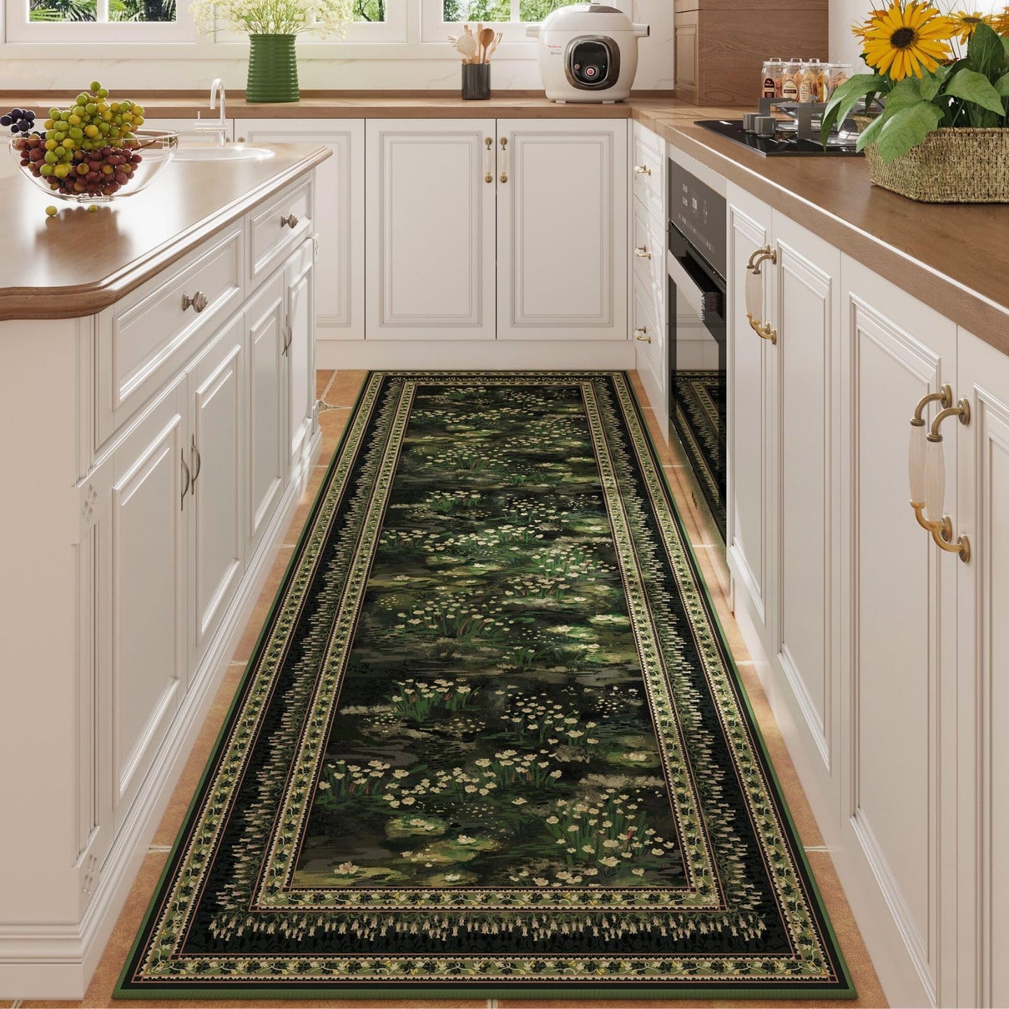 Rugcomf Runner Rug Impressionist-Style Vintage Kitchen Rugs Non Slip Washable Soft Carpet Runner for Kitchen Laundry Bedroom Bathroom, Green