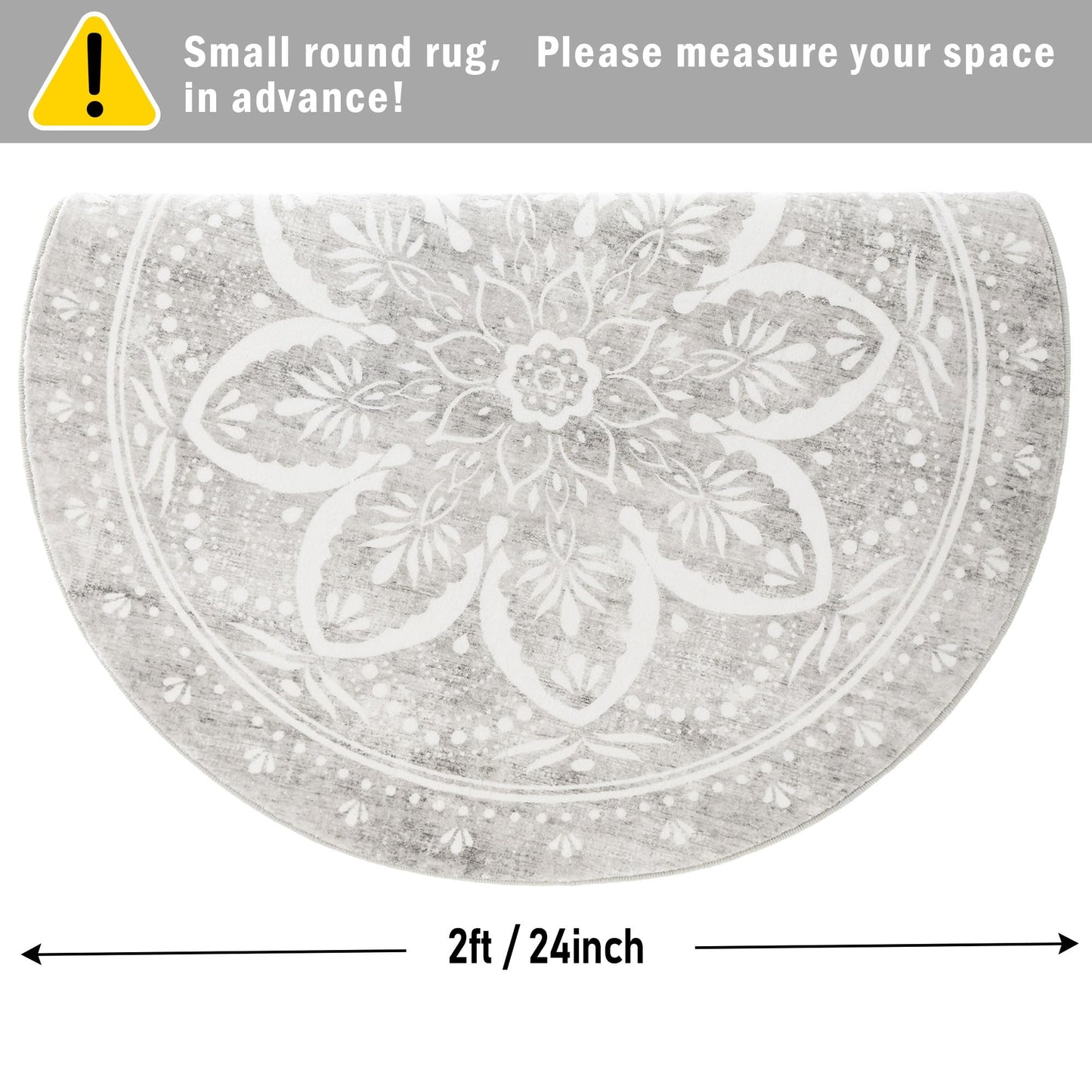 Carvapet 2ft Small Round Rugs - 24 inch/61 cm Mini Doormat Washable Vintage Non-Slip Circle Rug with Rubber Backing Foldable Low Pile Design for Entryway Living Room Bedroom, Grey Mini Rug
