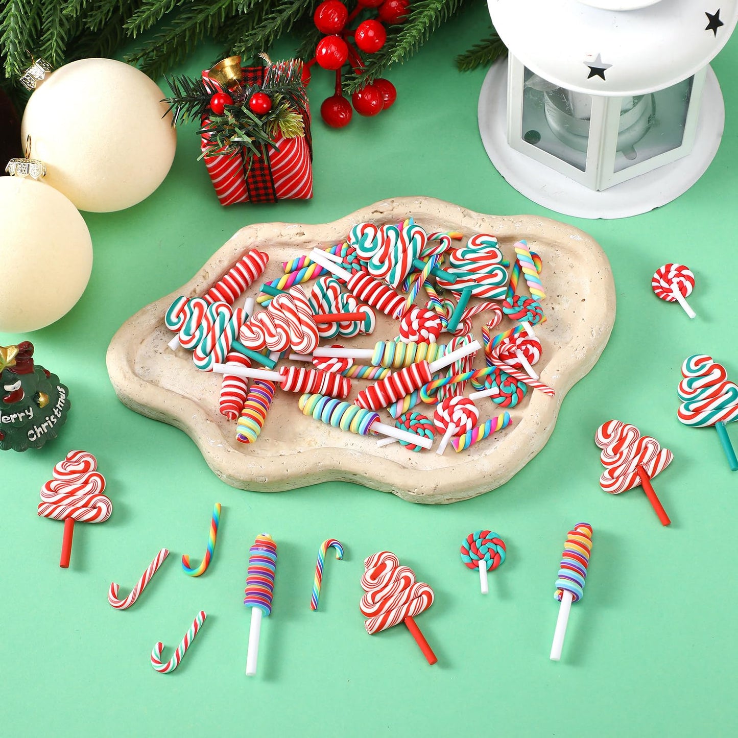 Giegxin 60 Pcs Mini Christmas Fake Candy Canes for Crafts Christmas Decoration Miniature Rainbow Peppermint Lollipop Embellishment Xmas Tiny Candy Ornaments for DIY Craft Making Scrap Booking Supplies