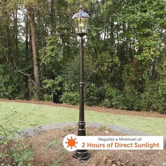 Gama Sonic Outdoor Solar Lamp Post Light, Brushed Bronze Aluminum and Rain Glass Panels, 10-Year Royal Bulb, Warm White LED with Omni-Direction Reflector, 87-inch Height, 98B101 (Upgraded)