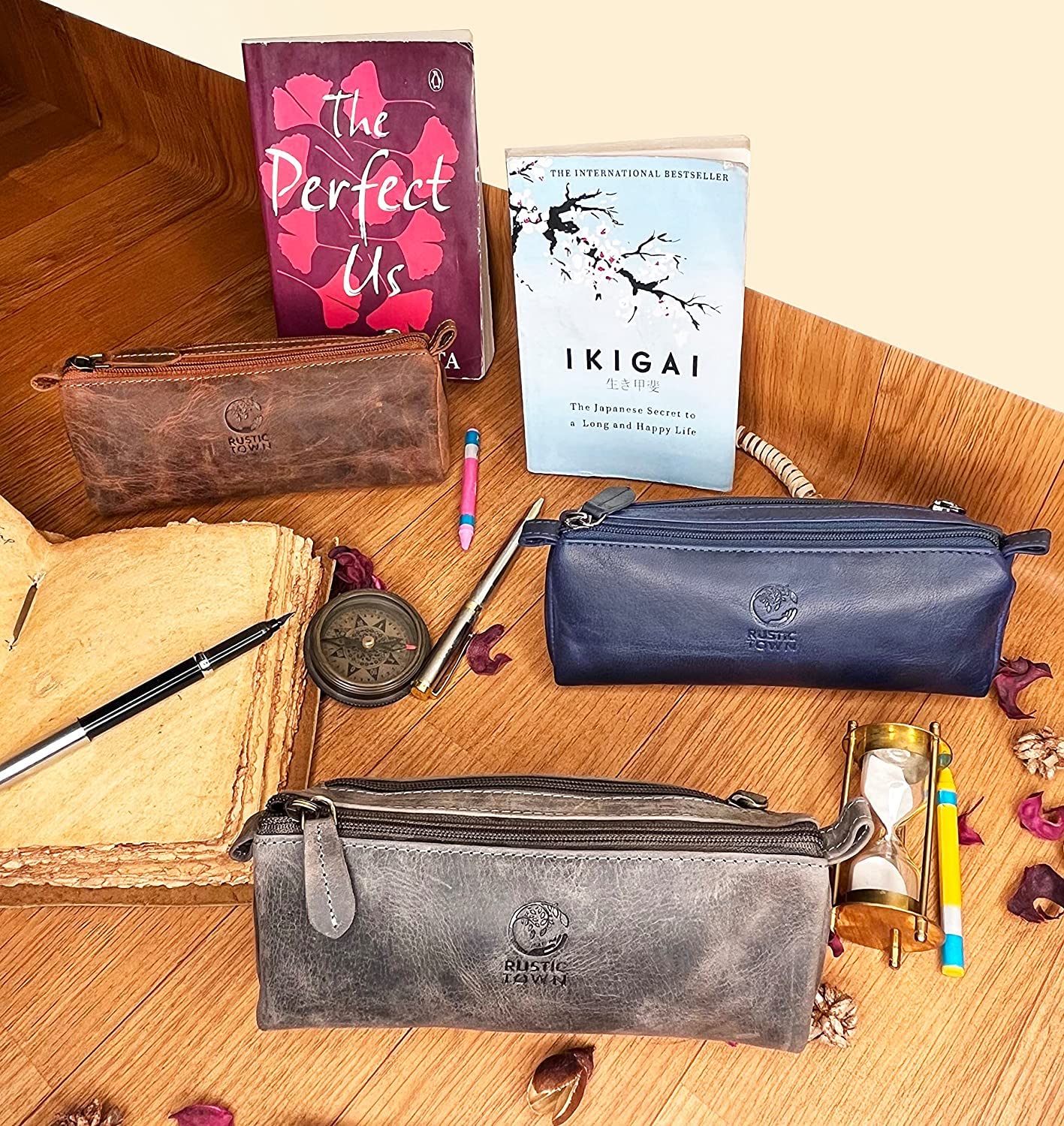 Rustic Town Leather Pencil Case - Vintage Zippered Pencil Pouch & Pen Case for Adults, Artists, Writers - Gift for Men & Women
