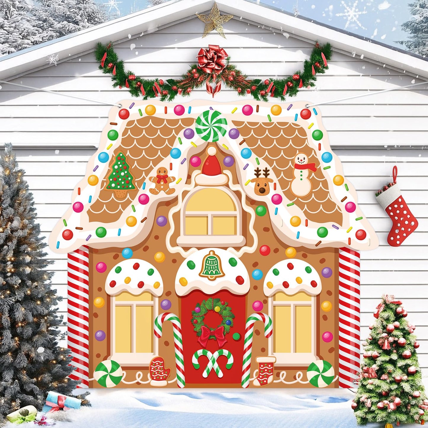 Panelee Extra Large Christmas Banner Decorations 7.4x6.5 ft Polyester Gingerbread House Backdrop Xmas Party Background for Xmas Holiday Garage Door Yard Photo Booth Indoor Outdoor Decor(Vivd)