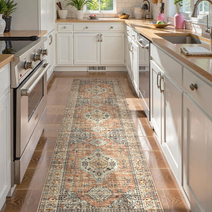 Lahome Oriental Kitchen Runners for Hallways, 2.5x10 Washable Runner Rug Non Slip, Soft Hallway Rug Distressed Ultra-Thin Long Carpet for Bathroom Entryway ‎Bedroom Eleanor, Peach/Orange