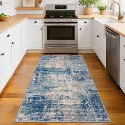 KILOCOCO Abstract Area Rug 3x5 Entryway Rug Washable Kitchen Rugs Non Slip Soft Printed Entrance Rugs Indoor Mat for Front Door Foyer Farmhouse Living Room Floor Carpet, Blue/Grey/Beige