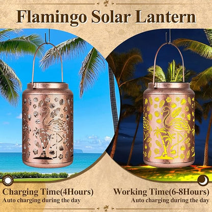 Flamingo Solar Lanterns Outdoor Waterproof Garden Decor Lantern Gifts for Mother Grandma, Retro Metal Hanging Solar Lights Decoration Outside for Yard, Patio, Backyard, Porch, Flamingo Gifts