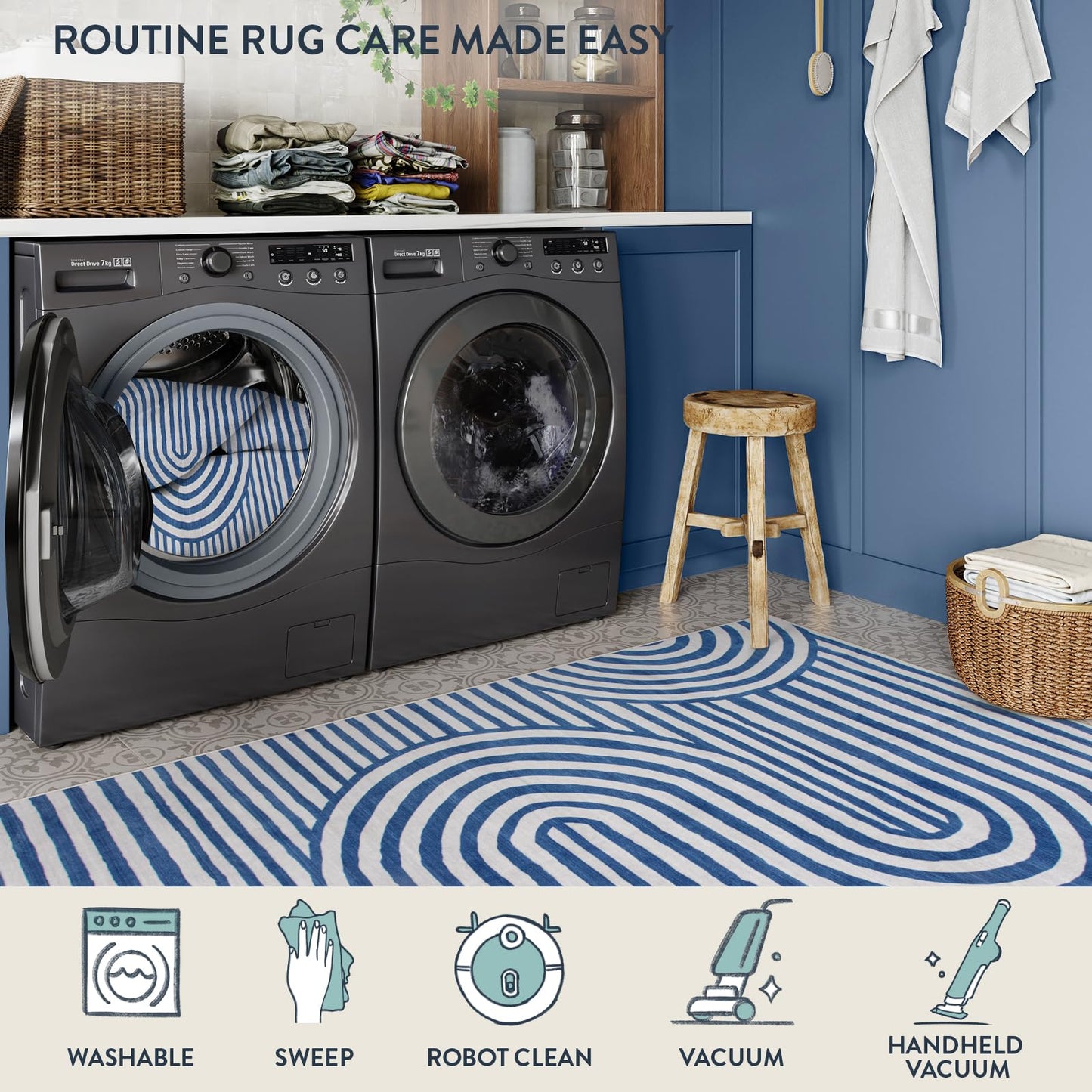 Lahome Modern Washable Area Rugs 5x7, Blue and White Rugs for Bedroom Ultra-Thin Non-Shedding, Abstract Living Room Rugs Stain Resistant Geometric Large Carpet for Kids Office Dorm Alba(5'X7',Blue)
