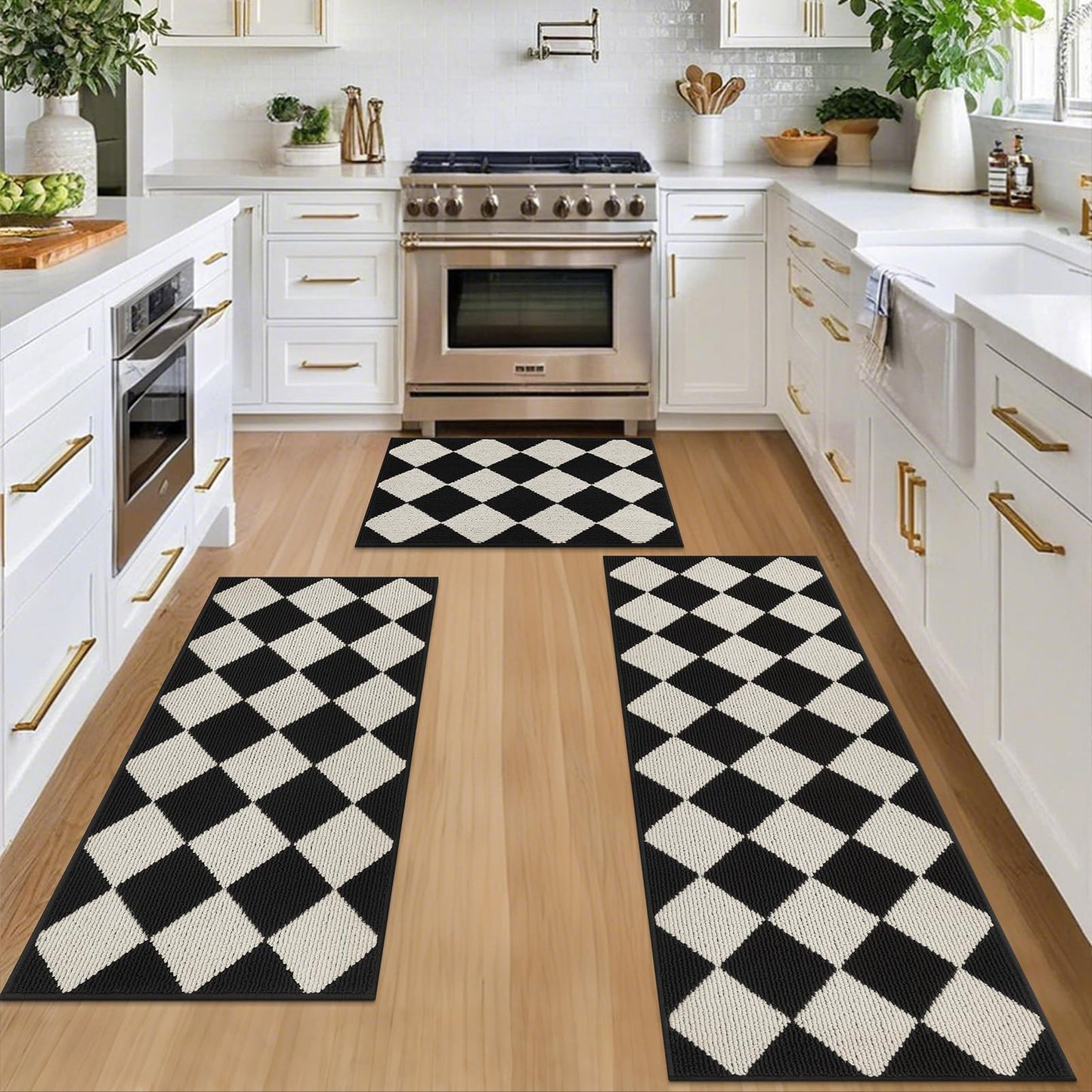 SHACOS 3Pcs Kitchen Rug, Checkered Kitchen Mat for Floor, Washable Non Slip Runner Rug for Hallway Entryway, Kitchen Runner Set for Kitchen, Front of Sink (17"x30"+17"x47"+17"x59", Black/White)