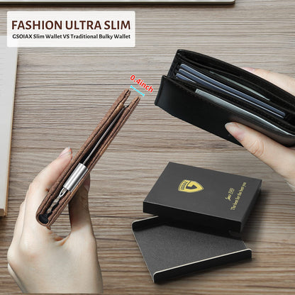 GSOIAX Slim Leather RFID Bifold Wallet for Men Minimalist Front Pocket Wallet with Money Clip,12 Card Slots,ID Window,Cool Groove Design,Includes Gift Box(Retro Brown)