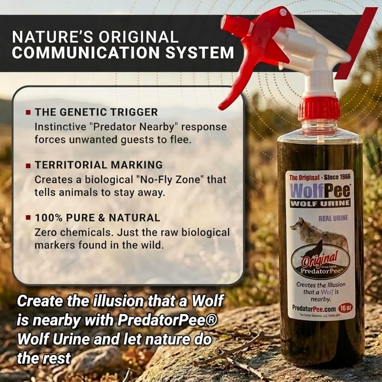 PredatorPee Wolf Urine, Territorial Marking Scent, Creates Illusion that a Wolf is Nearby, Natural Coyote and Fox Deterrent, 16oz