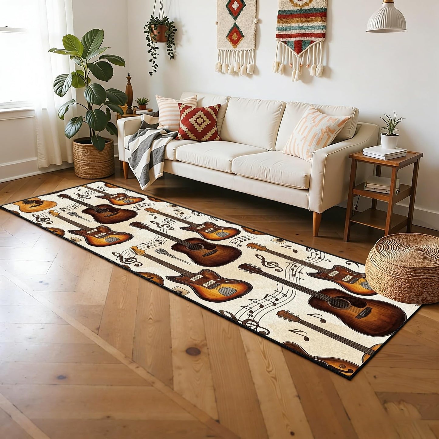 Vintage Guitar Runner Rug, 2x7ft American Style Studio Rug Musical Note and Acoustic Guitar Instrument Design, Musical Carpet for the Bedroom, Living Room, Classroom, Study, or Play Area