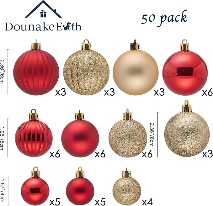 Christmas Tree Decorations Ornament Set, 50ct Red and Gold Shatterproof Christmas Ball Ornaments Hanging Xmas Holiday Party Decor(1.57"-2.36")