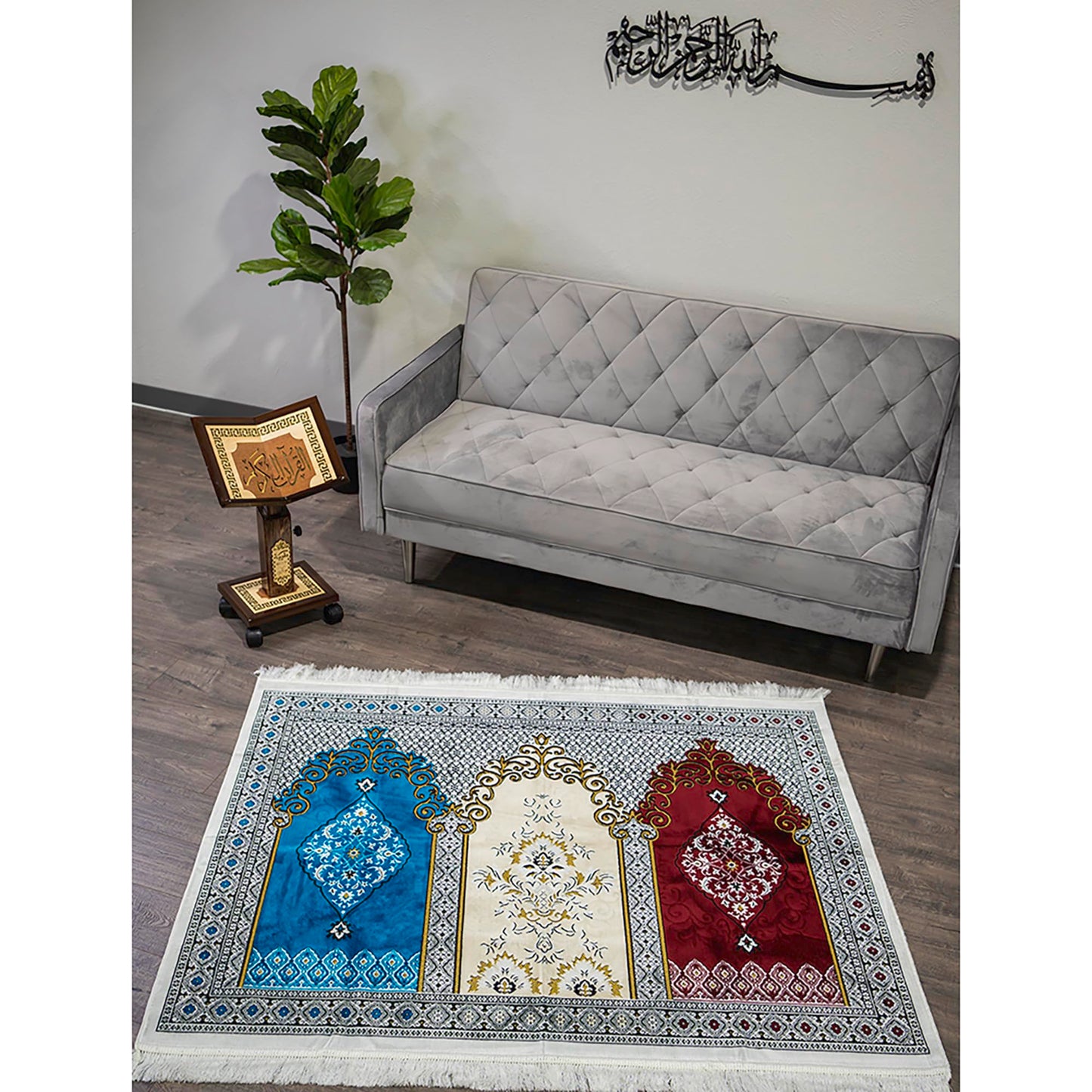 Modefa Turkish Islamic Prayer Rug - Wide Plush Velvet Mat - Multi Person Muslim Janamaz for Family - Large Gathering & Group Sajada Carpet - Floral Arch - 3 Person (17-11)