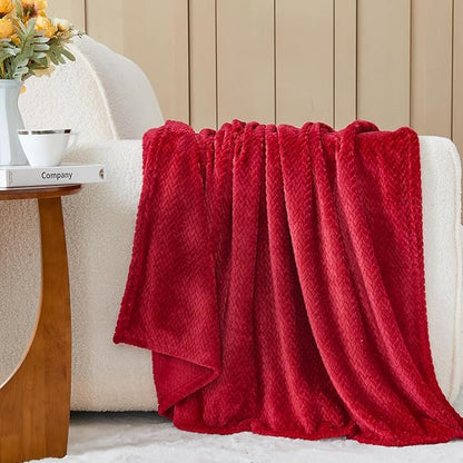 NEWCOSPLAY Super Soft Queen Blanket Red Premium Silky Flannel Fleece Leaves Pattern Lightweight Bed Blanket All Season Use (Red, Queen(90"x90"))