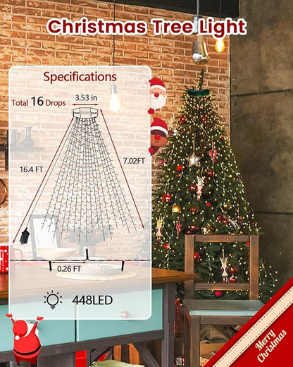 448LED Cascading Twinkle Christmas Tree Lights Indoor with Smart Voice Control & Remote | 7FT x 16 Lines Waterfall Tree Topper Lights, 12 Modes & Timer for 7FT Xmas Tree Christmas Decor (Warm White)