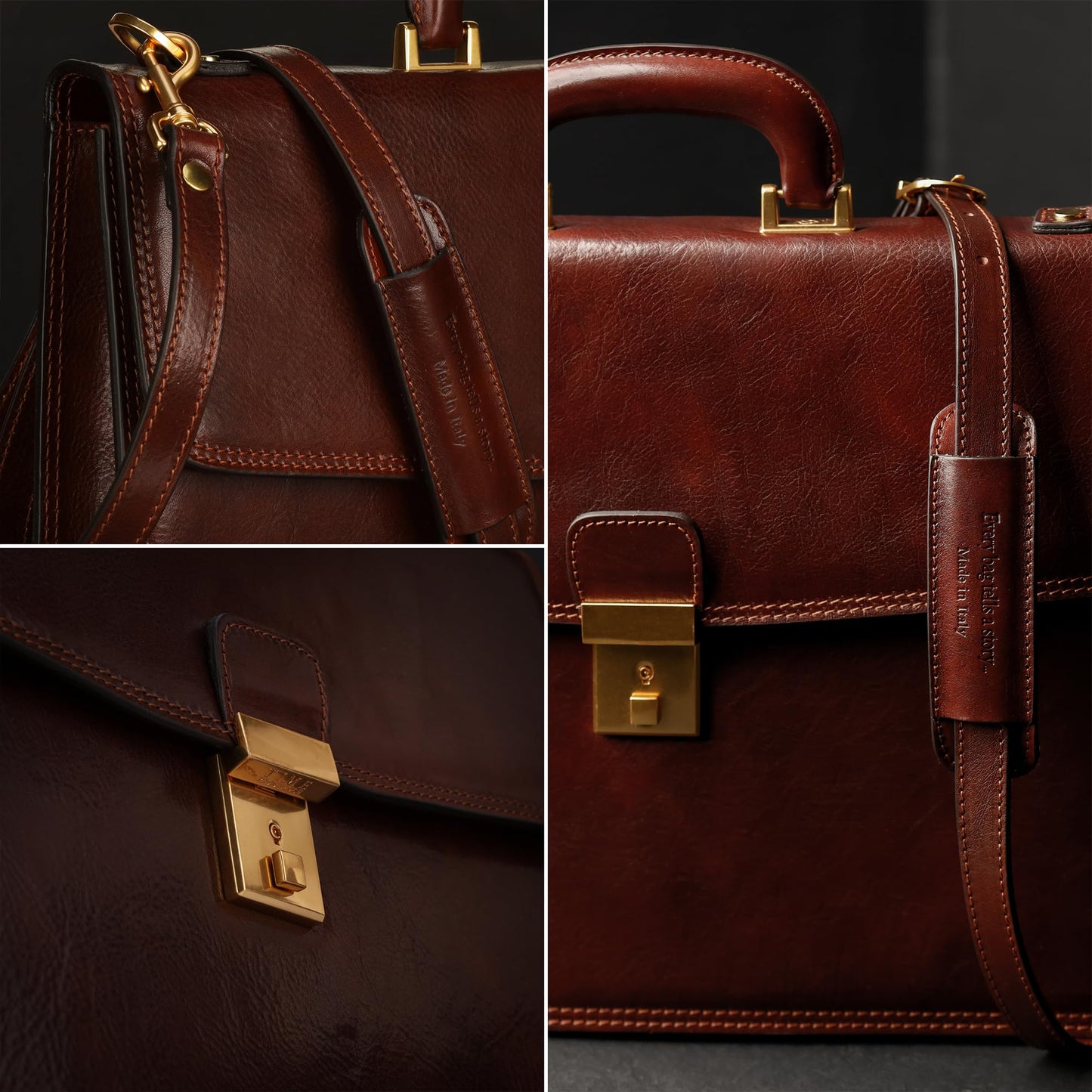 Time Resistance Leather Briefcase - Italian Handmade Leather Laptop Bag - Handbag for Men - Professional Computer Case (Brown)