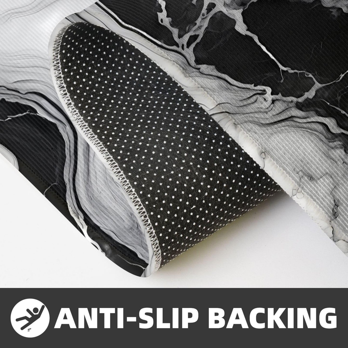 Sovvin White and Black Marble Texture Kitchen Rugs Microfiber Floor Mats Marbling Cushioned Carpet Runner Rug for Laundry Bathroom Living Room, 2 Piece Set 17"X 47" + 17"X 30"