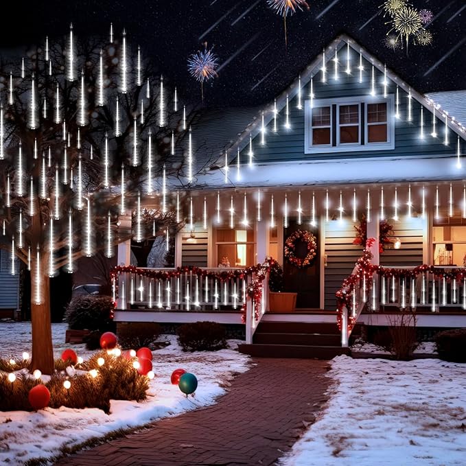 KNONEW Christmas Lights Outdoor, 15 inch 24 Tubes 672 LED Meteor Shower Lights Plug in Waterproof Falling Rain Light for Xmas Tree Wedding Party Garden Holiday Rooftop Decorations (Cool White)