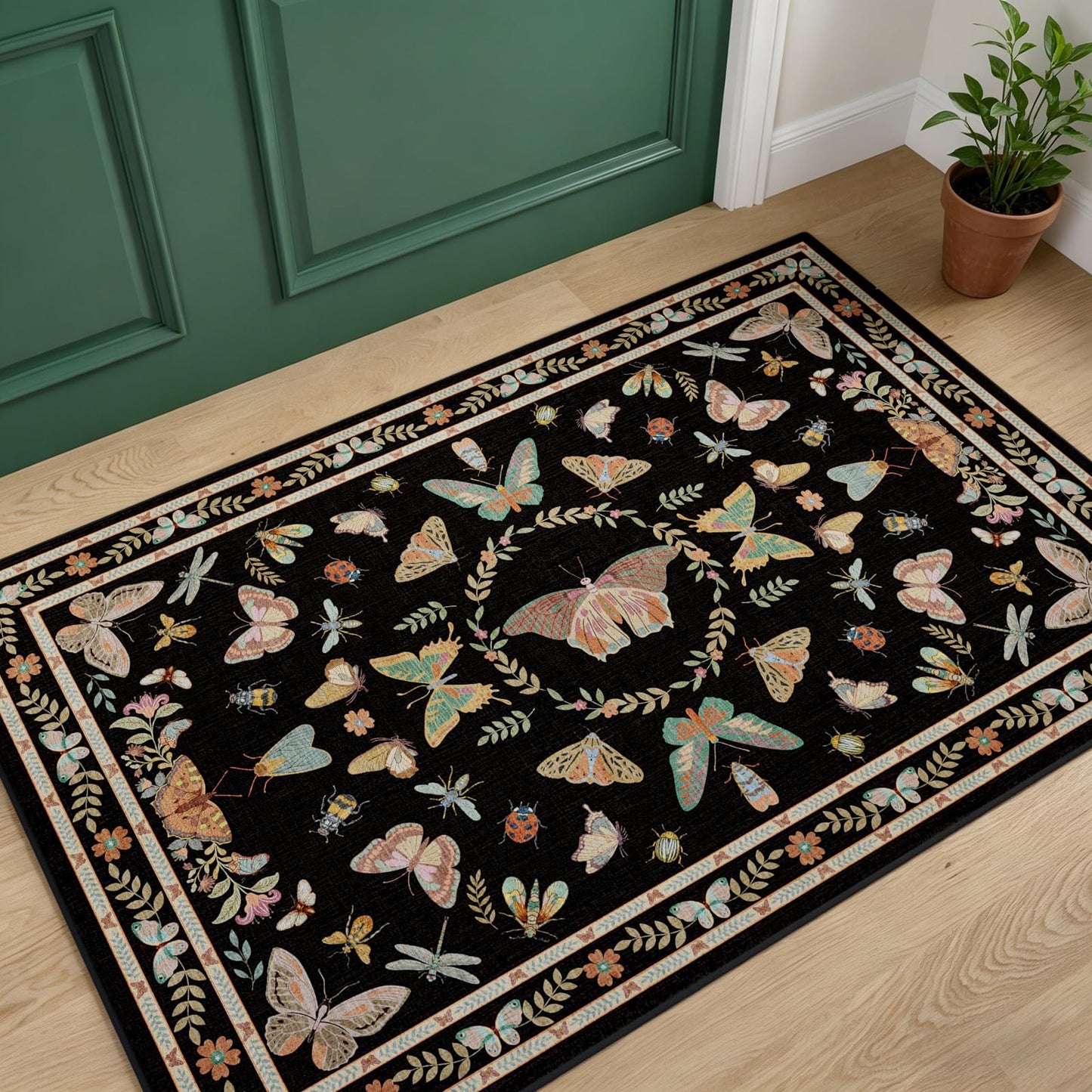 Unirea 2x3 Small Black Washable Area Rug, Door Mat Indoor Entrance Insect Rug, Non Slip Thin Area Rugs, Soft Boho Bug Entryway Rug for Kitchen, Bathroom, Bedroom, Laundry Room, Low Pile Carpet