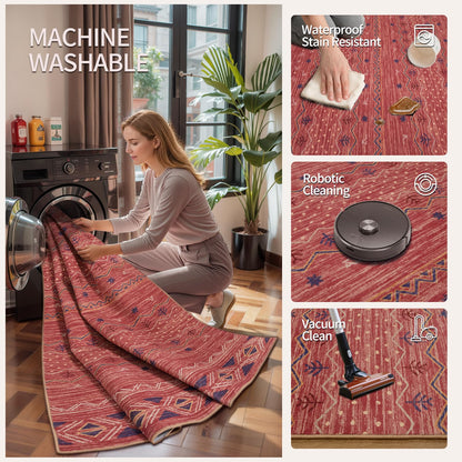 SERISSA 2x4 Rugs for Entryway, Washable Non-Slip Kitchen Runner Rug Small Red Ochre Rug, Soft Low-Pile Boho Geometric Door Mat Indoor Entrance Front Door Carpet for Bedroom Bathroom
