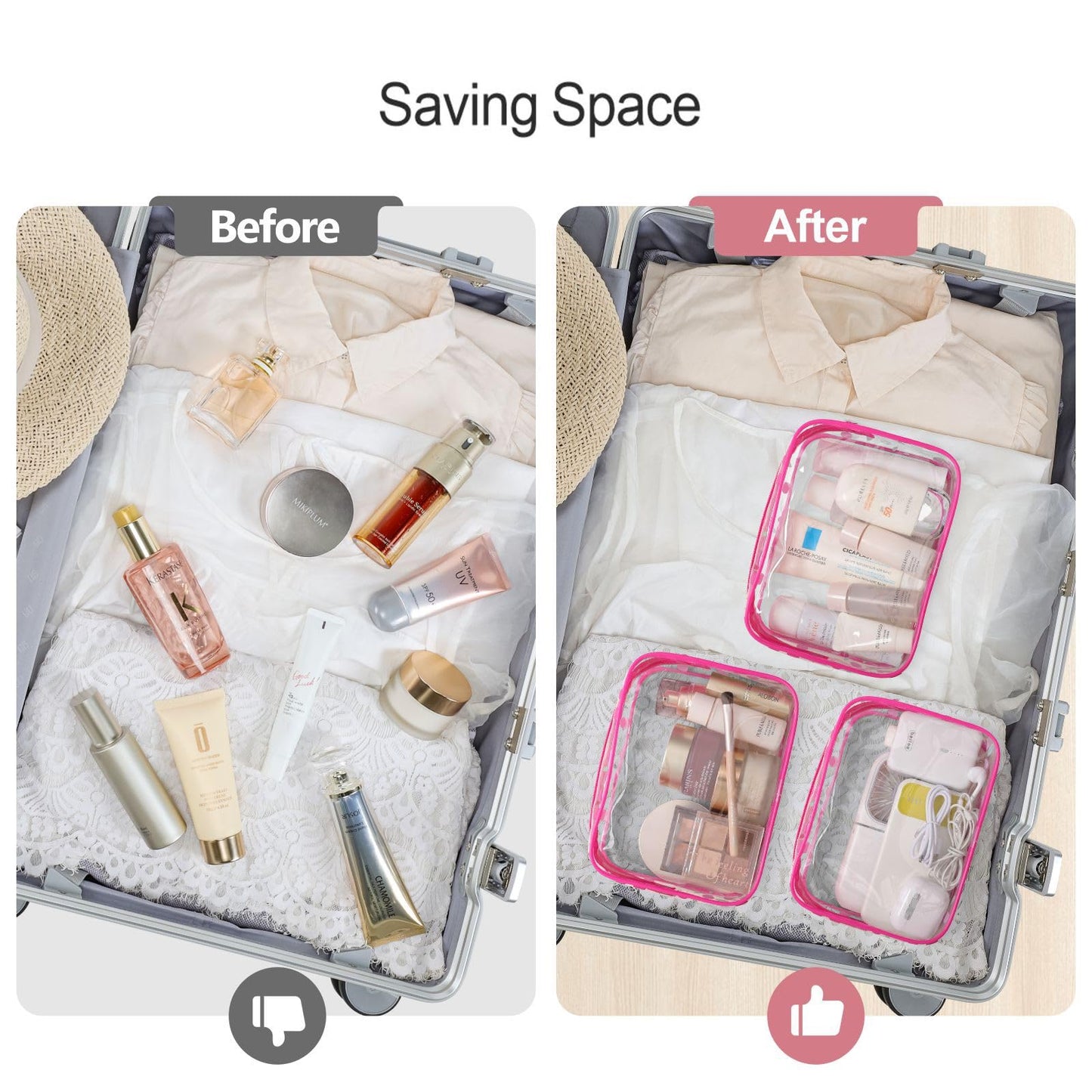 PACKISM Valentine's Day Gifts for Him Her - Clear Makeup Bag with Frame, 2 Pack TSA Approved Toiletry Bag Quart Size Bag, Travel Makeup Cosmetic Bag for Women Clear Toiletry Bag, Rose Red