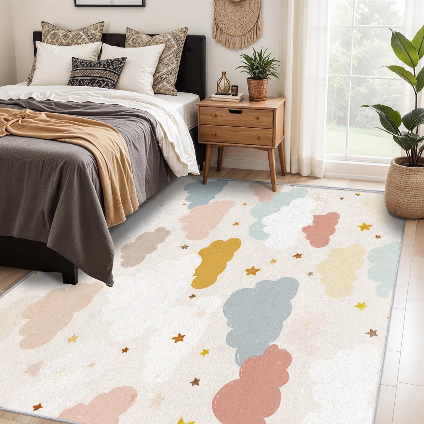 Cartoon Cloud Rugs for Home Decor, 8x10 ft, Kids Boys Girls Cloud Area Rugs for Living Room, Soft Non Slip Washable Cute Star Carpet Bedroom Decorations D-g17