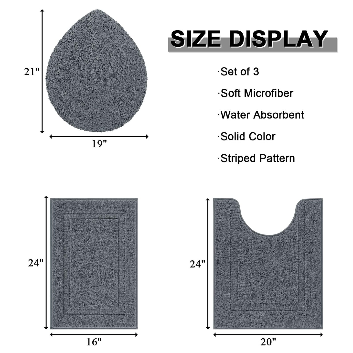 SHACOS Bathroom Rugs Sets 3 Piece with Toilet Lid Cover, 16"x24"Bath Mat and 20"x24" U-Shape Contoured Toilet Mat Machine Washable Shaggy Absorbent Bath Rugs(Dark Grey)