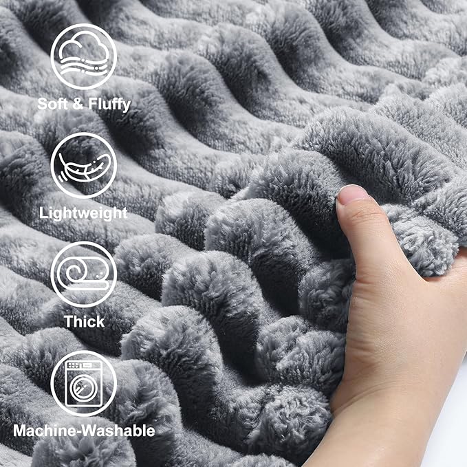 decorUhome Soft Fleece Grey Blanket Queen Size for Bed, Cozy Fluffy Plush Flannel Large Striped Throws for Couch Sofa, Lightweight Decorative Fuzzy Blanket for Woman, 90x90 Inches