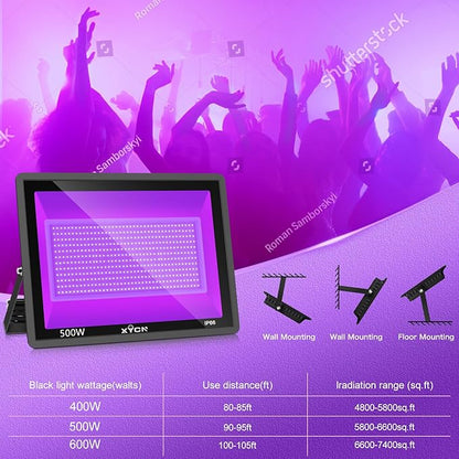 4 Pack 500W LED Flood Black Lights,395nm to 405nm UV Outdoor Flood High Power Blacklight Light with Plug in, IP66 Waterproof Large Black Light Spotlight for Glow Party Large Space, Halloween