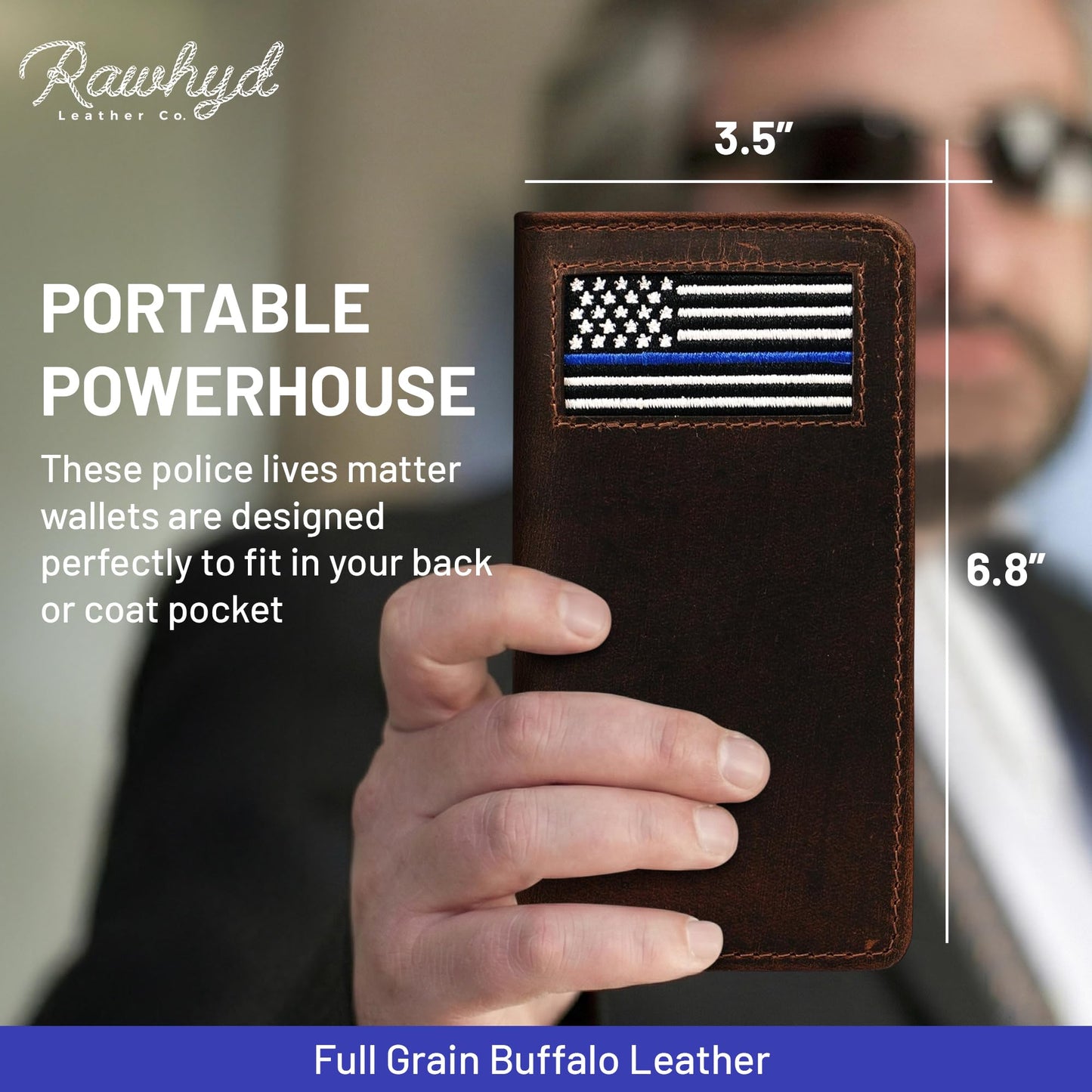Thin Blue Line Firefighter Long Bifold Men's Wallet - Handcrafted Full Grain Leather Wallet w/ Needlepoint Art - Compact Men's Bifold Wallets w/ Multiple Card Slots for Birthday, Christmas, & More