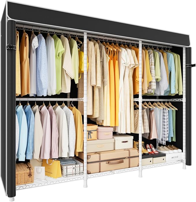 ULIFHOME E14C Pro Heavy Duty Closet Organizer System，Freestanding Clothing Racks for Hanging Clothes，Adjustable Garment Rack 69" W × 16" D × 77" H Hold 960 lbs，White Rack with Black Dustproof Cover
