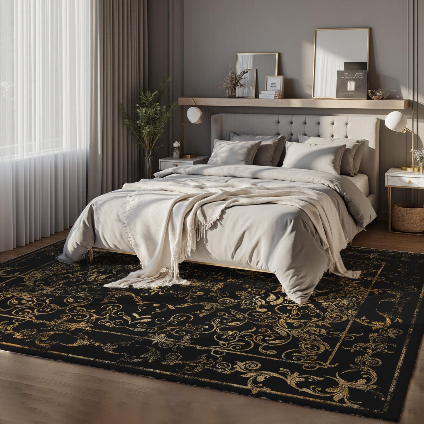 Dark Baroque Gold & Black Area Rug 8x10 - Intricate Filigree Carpet with Symmetrical Scrolls & Ornate Borders, Luxurious Machine Washable Non-Slip Rug for Living Room, Bedroom.