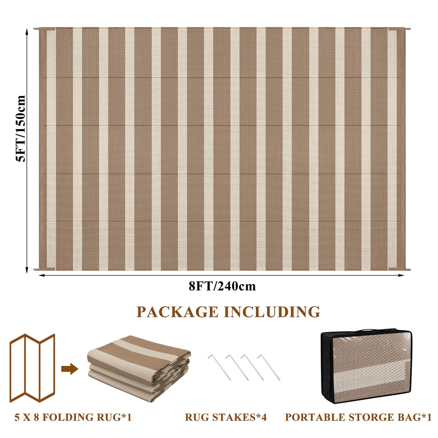 Vaukki Waterproof Outdoor Rug 5x8, Reversible Striped Patio Rug, Lightweight Plastic Straw Camping Mat, Indoor Outdoor RV Carpet for Outsides, Patio, Camping, Balcony, RV and Deck, Brown and Beige