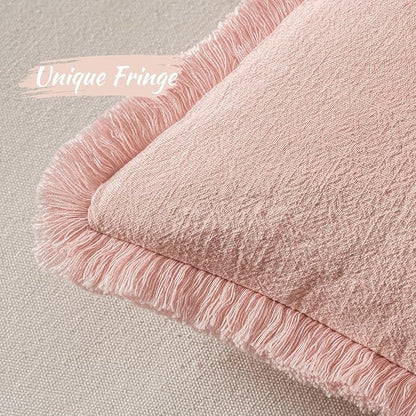 MIULEE Decorative Throw Pillow Covers Neutral Linen Fringe Throw Pillows Set of 2 Pink Boho Farmhouse Cushion Covers with Tassels for Couch Sofa Bed Living Room Spring Home Decor 20x20 Inch