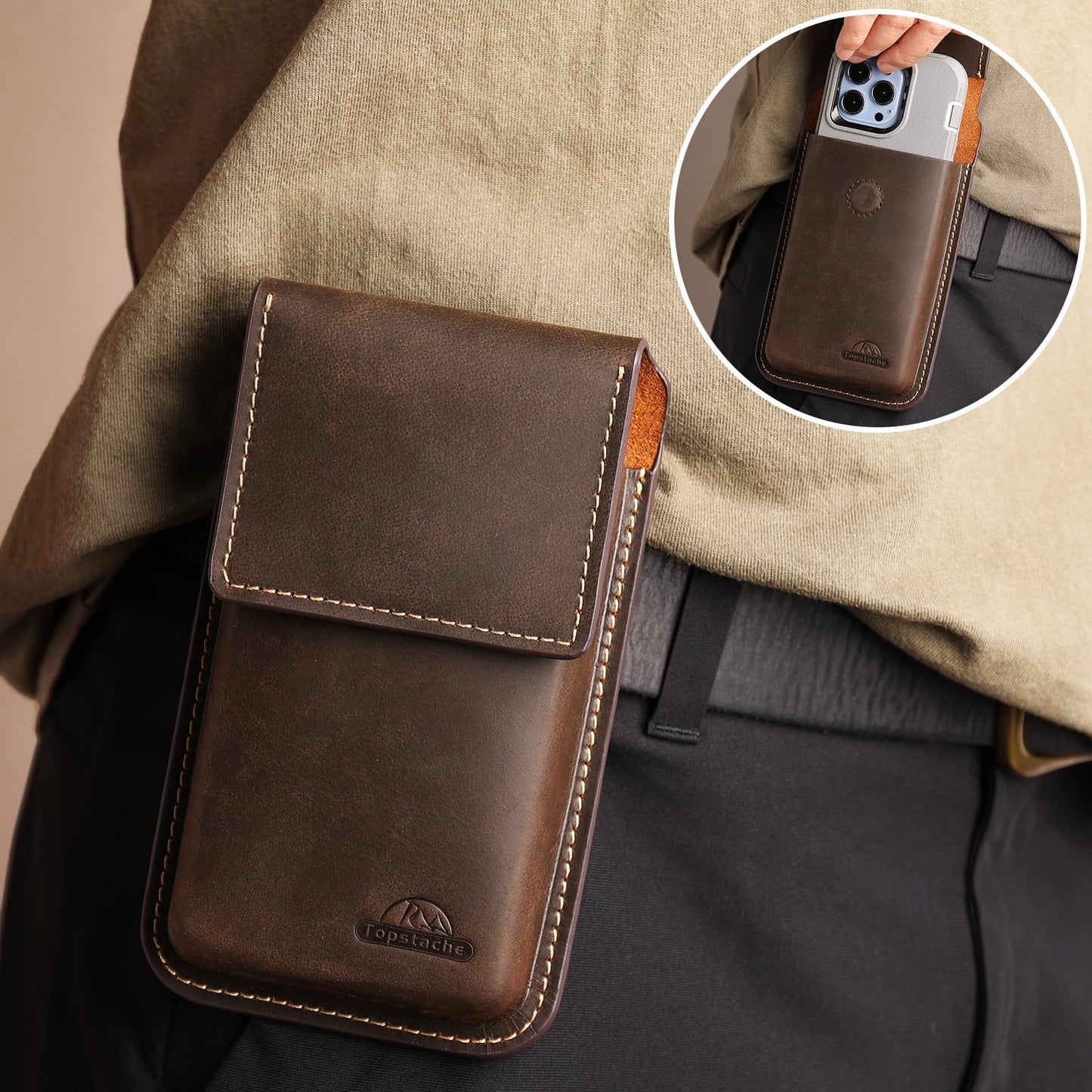 Topstache Leather Phone Holster for iPhone 17/16/15/14/13/12 - Leather Pouch with Belt Clip Phone Holster Belt Case for Galaxy S25/S24/S23/S22 - Universal Smartphone Sheath, L,Darkbrown