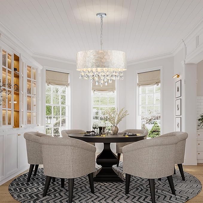 6-Lights Drum Capiz Shell Crystal Chandeliers, Coastal Style Pendant Light Fixture for Dining Room, Living Room, D24 x H23~71 inch(Adjustable), Shell Lampshade & Chrome Finish
