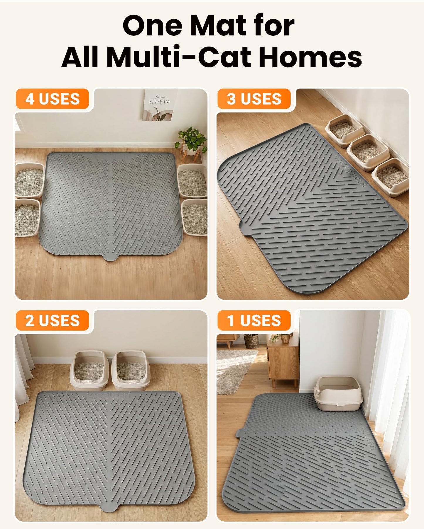 Vacqueen Cat Litter Box Mat, 47" x 37" Extra Large Cat Litter Mat, Silicone Waterproof Litter Trapping Mat for Scatter Control Soft on Kitty Paws Non-Slip Easy to Clean (Grey)