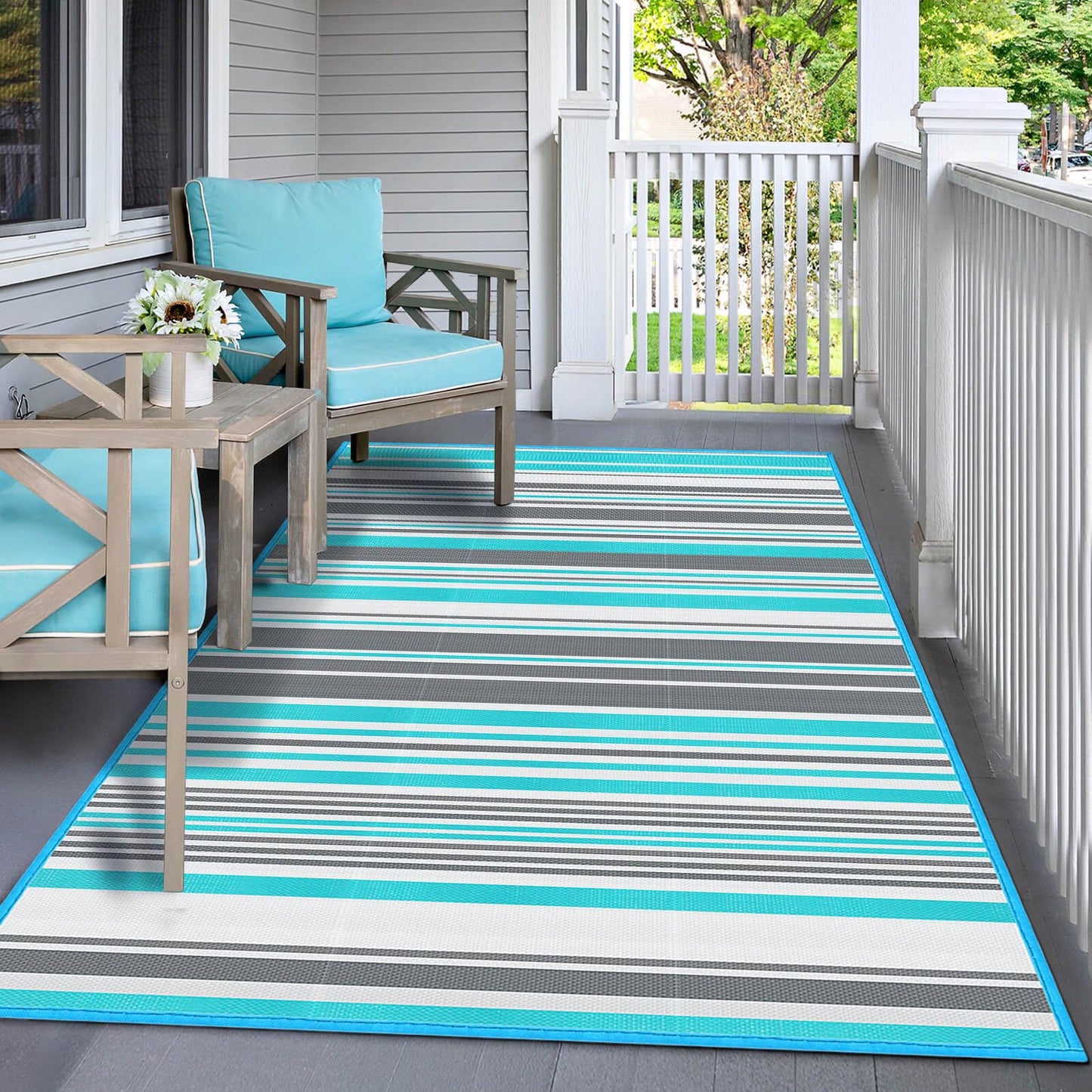 Outdoor Patio Plastic Rug Waterproof - Outdoor Rugs for Camper Outside, Rv, Porch Deck Rug Clearance, Area Carpet for Outside, Balcony, Patio Decor, Blue & Grey, 4x6 ft