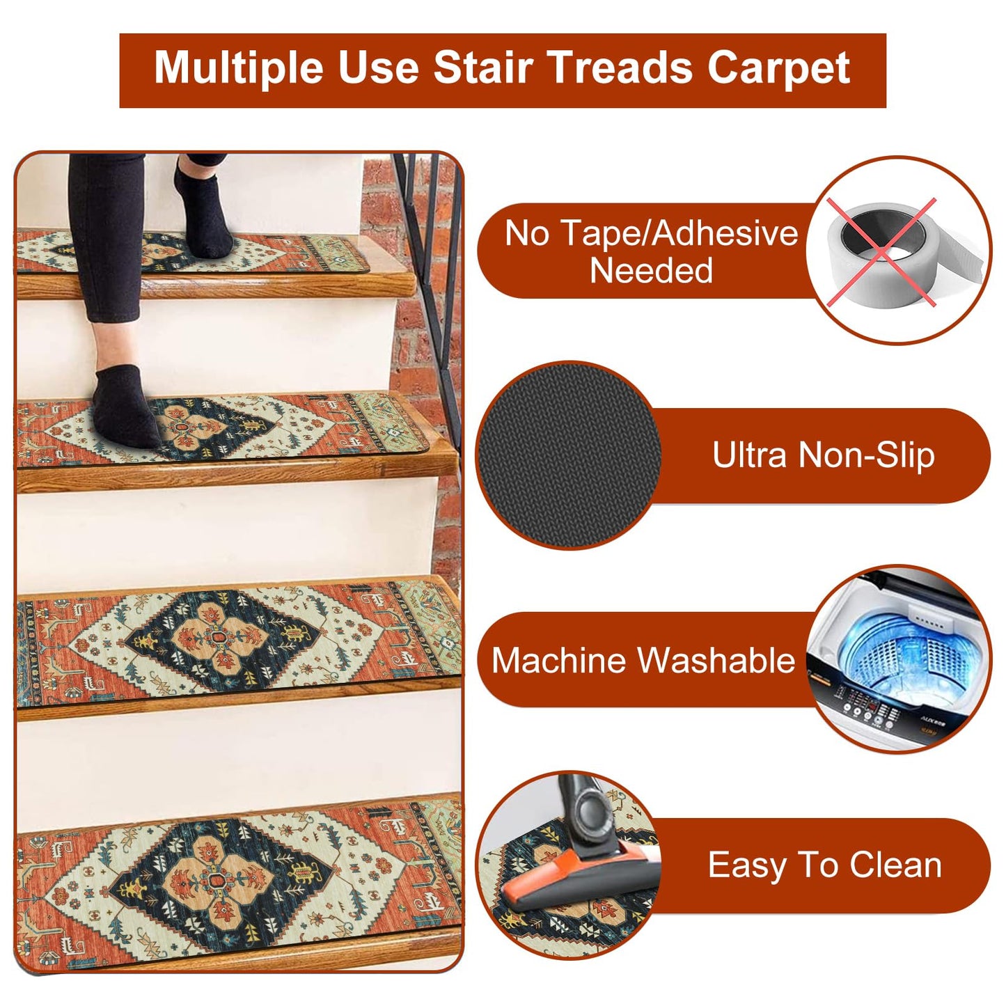 OJIA Non-Slip Carpet Stair Treads for Wooden Steps Set of 15, 30''X8'' Indoor Runner Resistant Rugs Rubber Safety Mats for Dogs, Kids & Elders, Stairway Grip