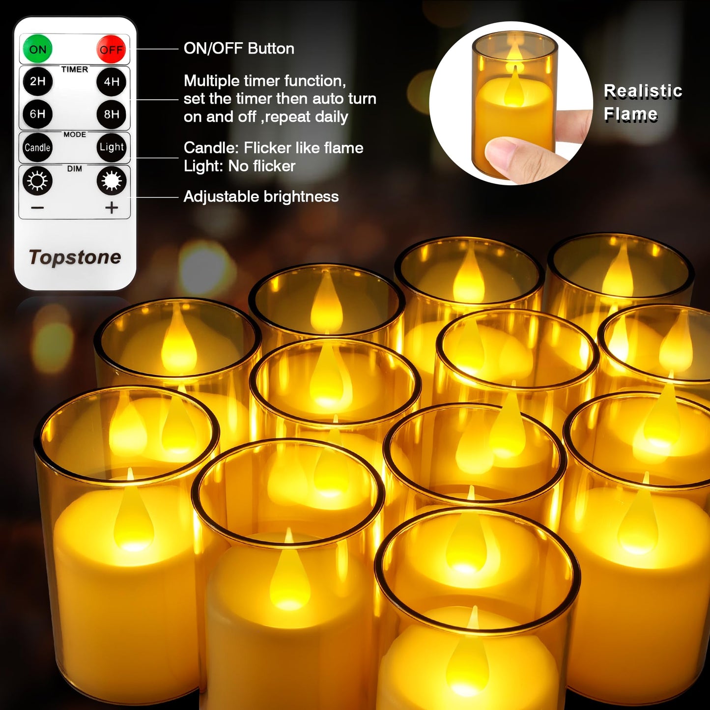 Topstone 6 PCS Flameless LED Tea Light Candles with Remote Control, Battery Operated Flickering Fake Tealights for Home Decor, Wedding, Christmas