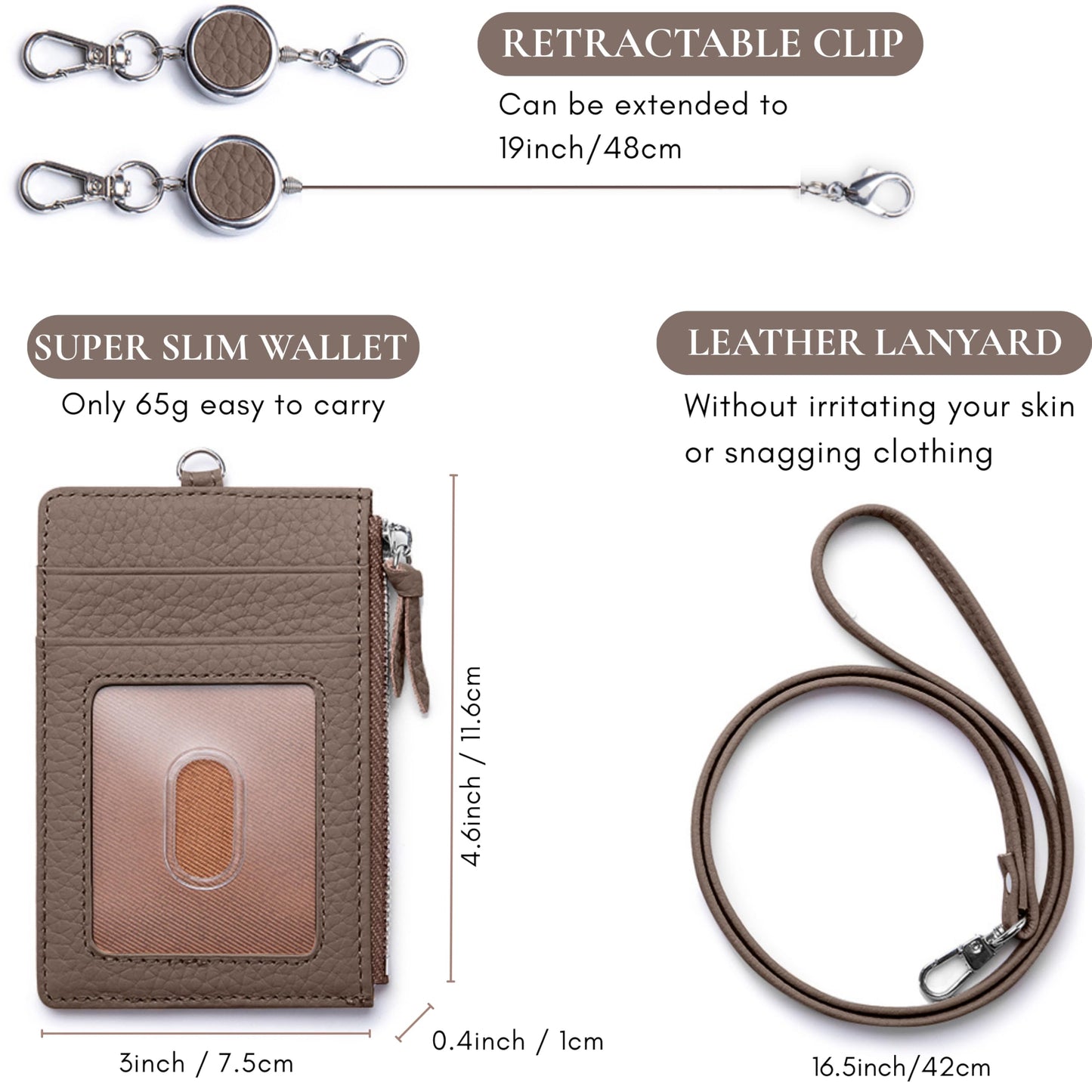 2-in-1 Leather ID Badge Holder with Wallet for Work, Multifunction ID Case with Credit Card Slots & Cash Coin Pocket, Slim Wallet with Lanyard for Women Men Nurse Teacher (Dark Hkaki)