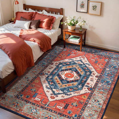 SERISSA Area Rug 3x5 Boho Rugs for Bedroom, Washable Non-Slip Kitchen Rugs, Ultra Soft Print Distressed Tribal Rust Rug Low-Pile Throw Rug Carpet for Entry Bedroom Nursery Living Room Dorm Decor