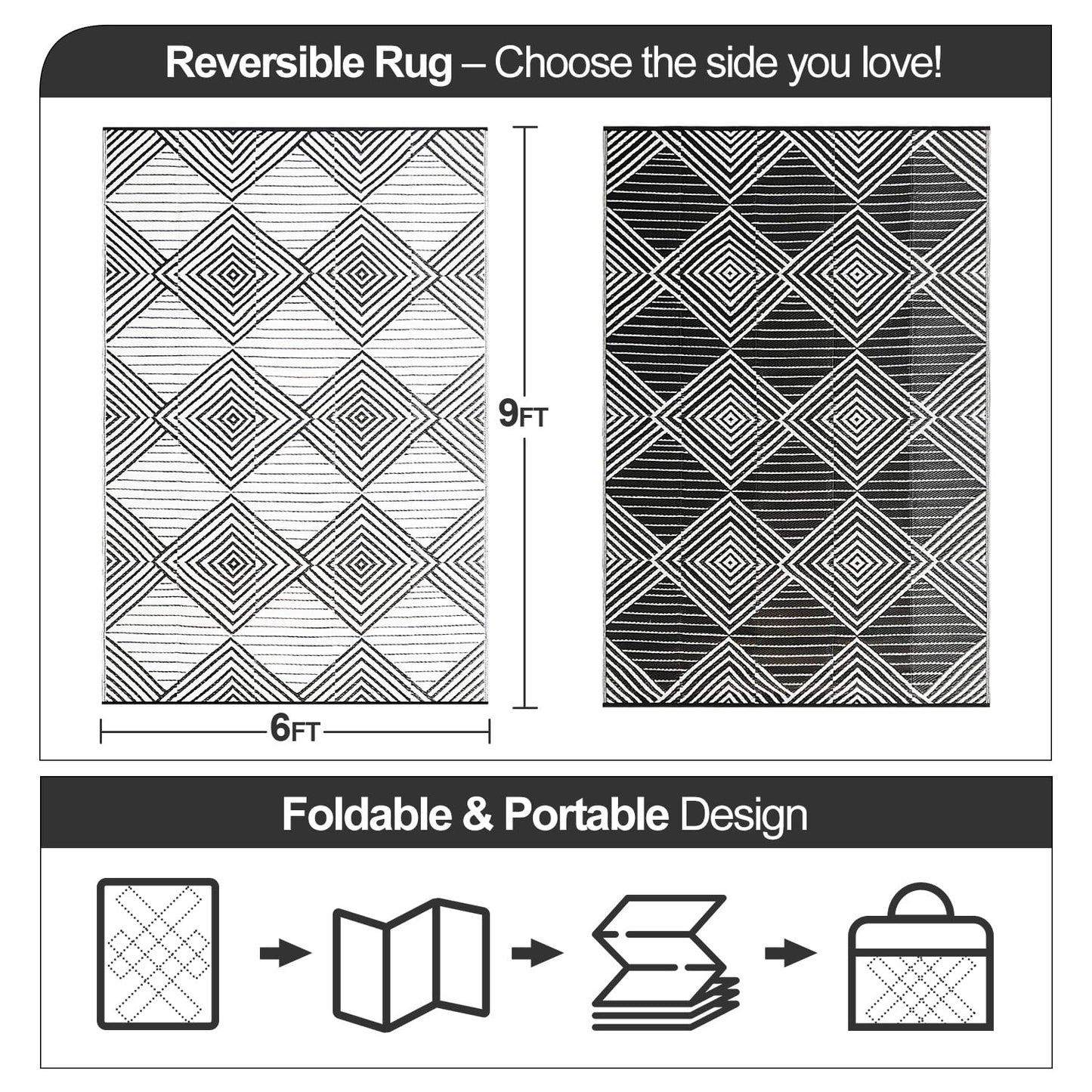 Waterproof Outdoor Rug 6x9ft, Foldable Reversible Plastic Straw Mat for Patio RV Deck Porch Backyard Balcony Camping Picnic Beach Indoor Outdoor Carpet, Black&White
