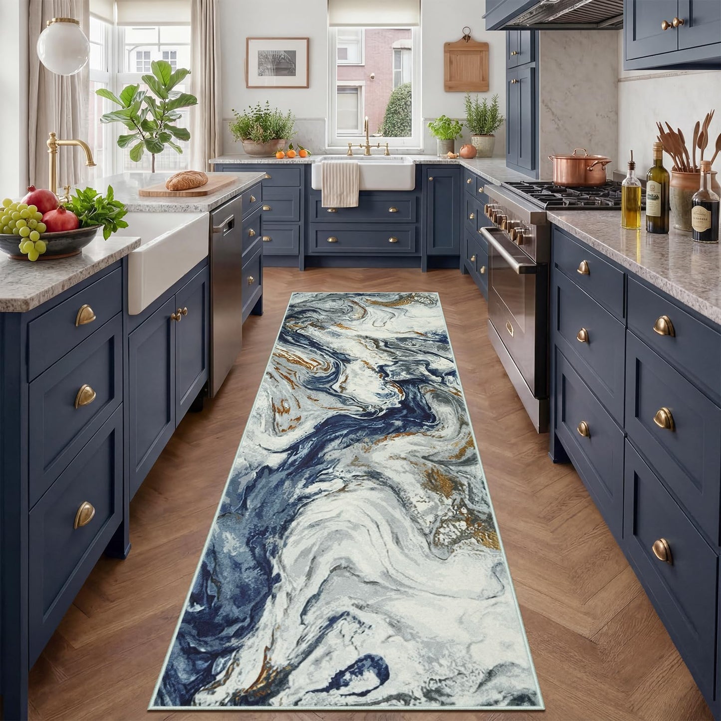Hallway Runner Rug 2x8, Blue Washable Rug for Bedroom, Non Slip Soft Marble Kitchen Rugs, Abstract Low Pile Entryway Rugs, Stain Resistant Runner Carpet for Laundry Room Bathroom Closet