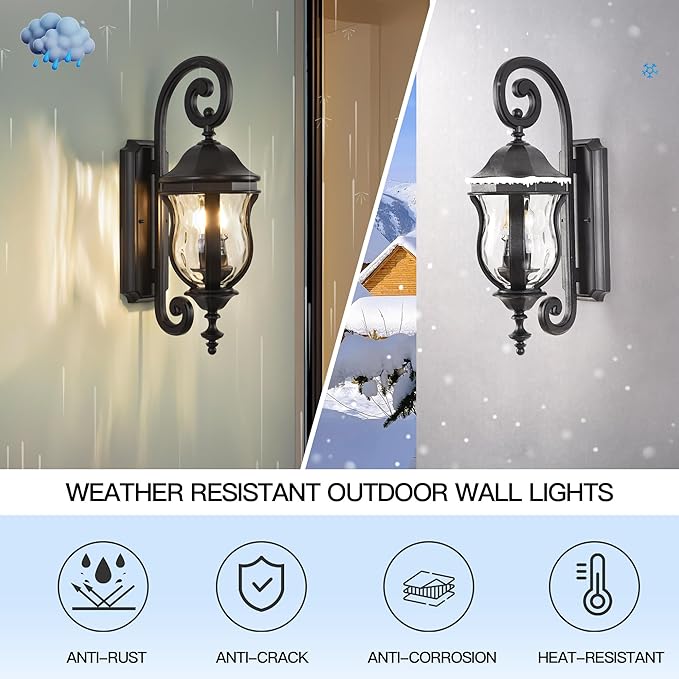 Outdoor Wall Sconces, Black Outdoor Porch Lights, 22.8" H Large Exterior Wall Lanterns, Waterproof Exterior Lighting Fixtures with Water Glass for Patio Garage Doorway