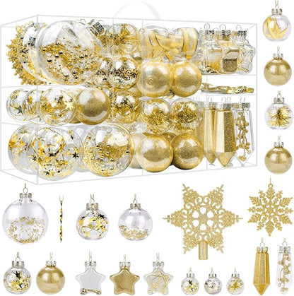 SHareconn 86PCS Christmas Balls Ornaments Set,Shatterproof Plastic Clear Decorative Baubles for Xmas Tree Decor Holiday Wedding Party Decoration, Glod