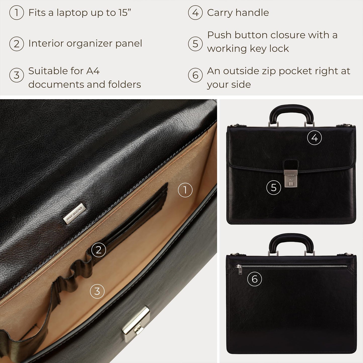 Time Resistance Leather Briefcase - Italian Handmade Leather Laptop Bag - Handbag for Men - Professional Computer Case (Black)